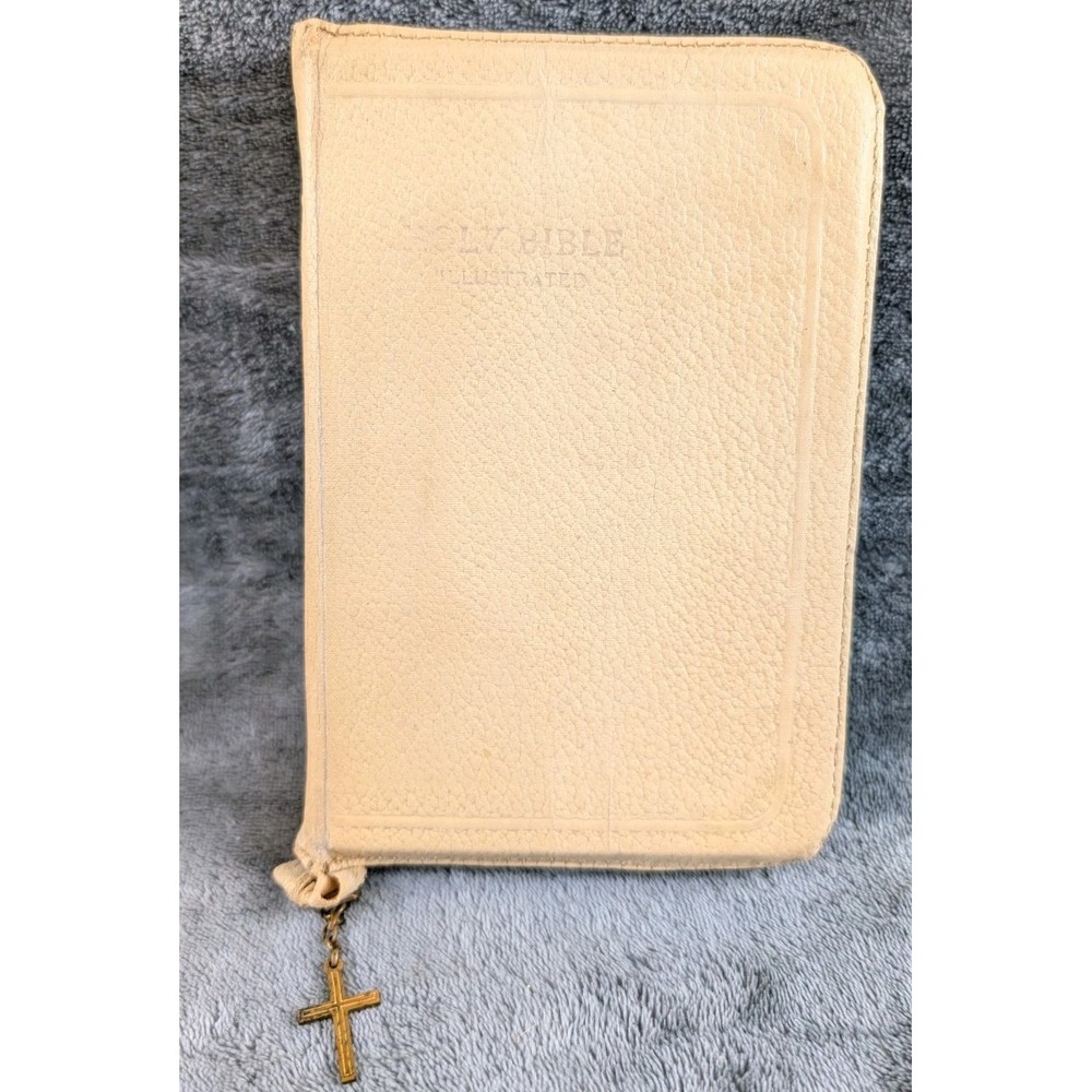 1957‎ Illustrated Holy Bible KJV World Pub White Zipper Cross Pull Red Letter